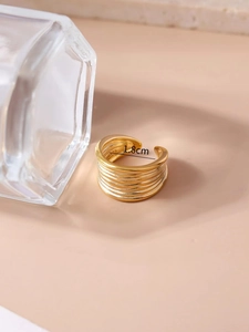 Gold wide band open ring featuring 3D ripple texture and adjustable 1.8cm inner diameter