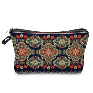 Macro view of mandala pattern toiletry bag featuring durable zipper and carry handle loop