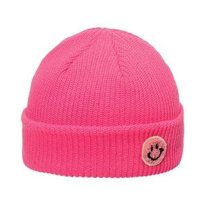 Hot pink knitted beanie with smile patch emoji for men and women winter fashion