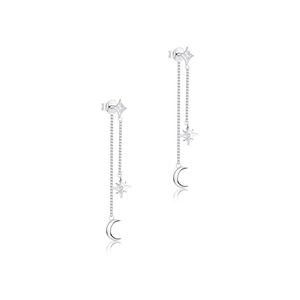 Detail view of S925 silver chain earrings with dangling star and moon charms with zircons