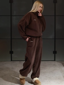 Women's dark brown polar fleece tracksuit with Strong embroidery and zip-up jacket