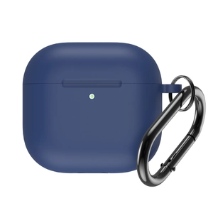 Detail view of dark blue silicone AirPods 4 case with black metal carabiner and LED light hole