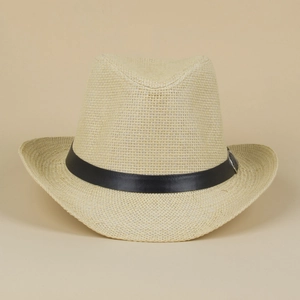 Detailed weave of light beige straw fedora featuring a black leather band and metal buckle