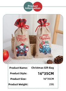 Linen Christmas gift bag featuring truck pattern and red drawstring, 16x35cm detail