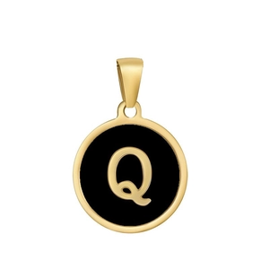 Close-up of a round gold pendant featuring a black center with a gold letter Q detail