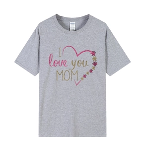 T-shirt gris pour femmes avec imprimé I love you MOM et cœurs dorés pailletés