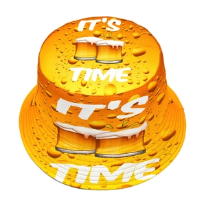 Yellow bucket hat with beer glass print and it's time text for summer sun protection