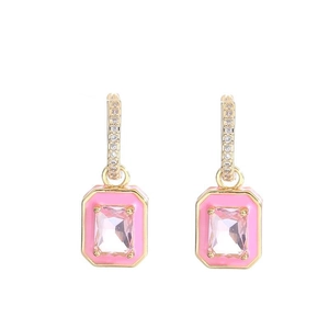 Detail of 18K gold plated hoop earrings with pink enamel and rectangular crystal pendant