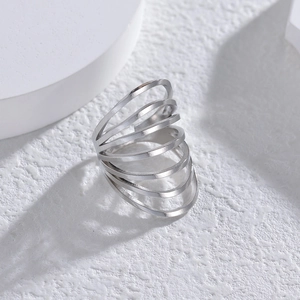 Minimalist silver multilayer geometric ring featuring a modern six-layer spiral design