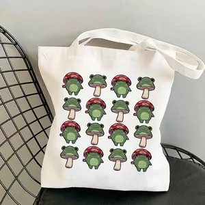Tote Bag Canvas Frog Mushroom Print Large Capacity Casual Shoulder Handbag Cute Cartoon Artistic For Women Student