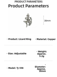 Detailed view of adjustable copper lizard ring with realistic scale textures and dimensions