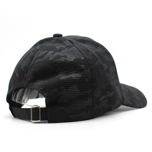 Classic black baseball cap with subtle camouflage pattern and adjustable metal buckle