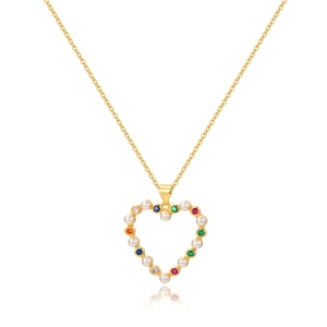 Heart Pendant Necklace 18K Gold Plated Copper With Colorful Zircon And White Artificial Pearls For Women Elegant Jewelry Gift