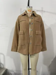 Detail view of brown teddy fleece jacket featuring flap pockets and plush texture