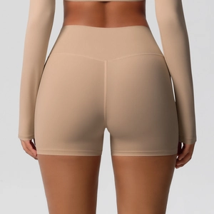 Detailed back view of high-waisted yoga shorts with V-shaped stitching for a lifting effect