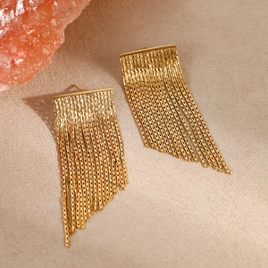 Stylish golden stainless steel tassel chain earrings with elegant vertical metal strands