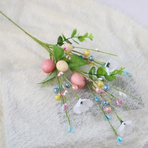 Pastel Easter egg stem with pearl berries and white silk flowers for spring home decor