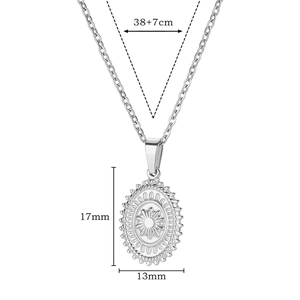 Detailed silver sunburst oval pendant measuring 17mm by 13mm with adjustable 38+7cm chain