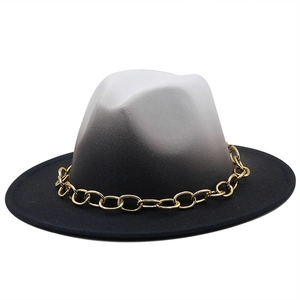 Fashionable gradient wool felt fedora hat featuring a stylish gold metal chain decoration
