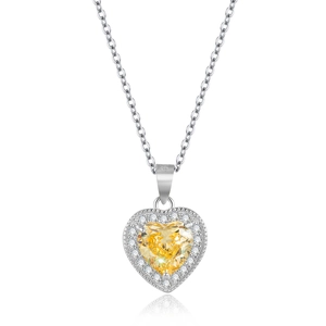 Collier en argent S925 avec grand pendentif diamant en carbone jaune taille cœur