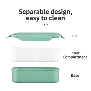 Three-layer microwaveable plastic lunch box with bento compartments and side buckles
