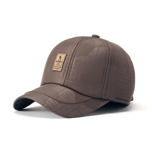 Winter wool baseball cap for men with ear protection in brown featuring letter patterns