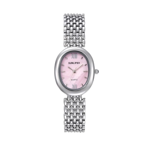 Elegante orologio al quarzo ovale da donna con quadrante in madreperla rosa e metallo