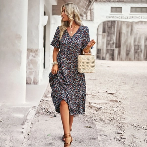 Women Floral Midi Dress V Neck Short Sleeve Tiered Ruffle Elegant Summer Casual Dress Polyester Spandex High Waist