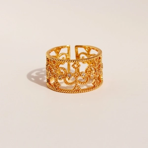 Adjustable Hollow Zircon Wide Ring Gold Plated Brass Vintage Palace Style Filigree Jewelry For Women