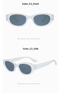 Detailed front and side views of vintage oval sunglasses with transparent grey frames