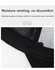 Detail view of the breathable mesh fabric and widened sweatband of the black sun hat