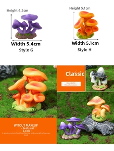 Detailed view of miniature resin mushrooms with size dimensions for moss landscape decor