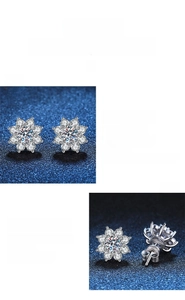 Close-up detail of sunflower Moissanite stud earrings in a classic prong setting