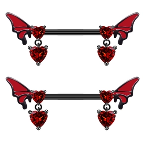 Gothic nipple shields with red heart gemstones and black bat wings design detail