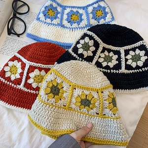 Handmade Crochet Flower Bucket Hat For Women Winter Warm Acrylic Knit Vintage Fisherman Basin Hat Bohe Fashion