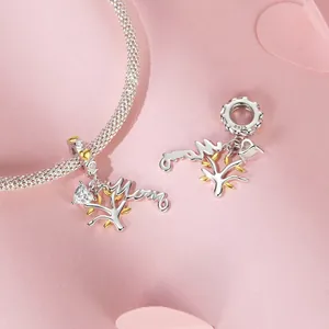 S925 sterling silver Tree of Life charm with Mom lettering and heart zircon stone