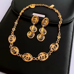 Rose Flower Hollow Spiral Retro French Style Gold Plated Copper Necklace And Earrings With Silver Earring Post
