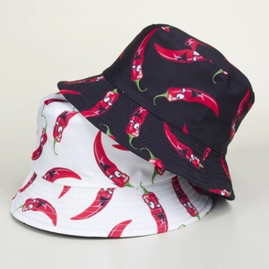 Cute bucket hat set with cartoon chili print, including black and white styles for sun protection
