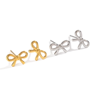 Elegant gold and silver bow stud earrings in polished stainless steel for women