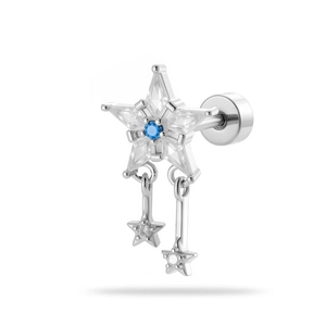 Star-shaped zircon earrings with blue crystal center and silver tassels for women