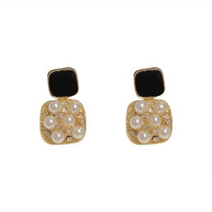 Elegant geometric square stud earrings with black enamel and white faux pearls in gold frame