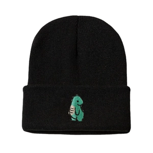 Klassische schwarze Strickmütze mit süßer grüner Dino-Stickerei für den Winter