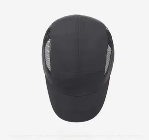 Top view of a breathable black five-panel quick-dry sports cap with mesh side panels