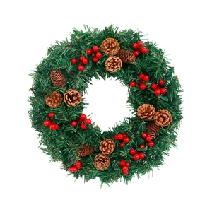 Couronne de Noël de 30 cm avec aiguilles de pin, cônes et baies rouges sur blanc