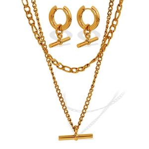 Parure collier double couche doré avec pendentif barre en T et boucles d'oreilles