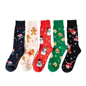 Five-pack of cute Christmas crew socks featuring Santa, snowman, and gingerbread patterns