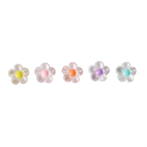 Five colored acrylic daisy flower beads in transparent resin for DIY jewelry crafting