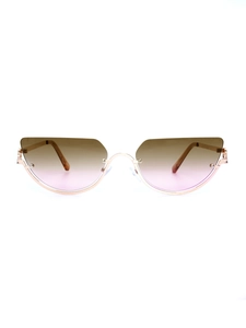 Front view of cat-eye sunglasses with brown-pink gradient lenses and gold metal frames