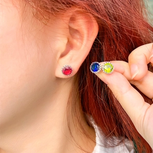 Elegant 8mm round crown stud earrings with vibrant red blue and green zircon stones