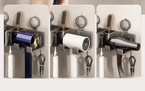 Three-frame view showing wall-mounted hair dryer holder compatibility for various sizes